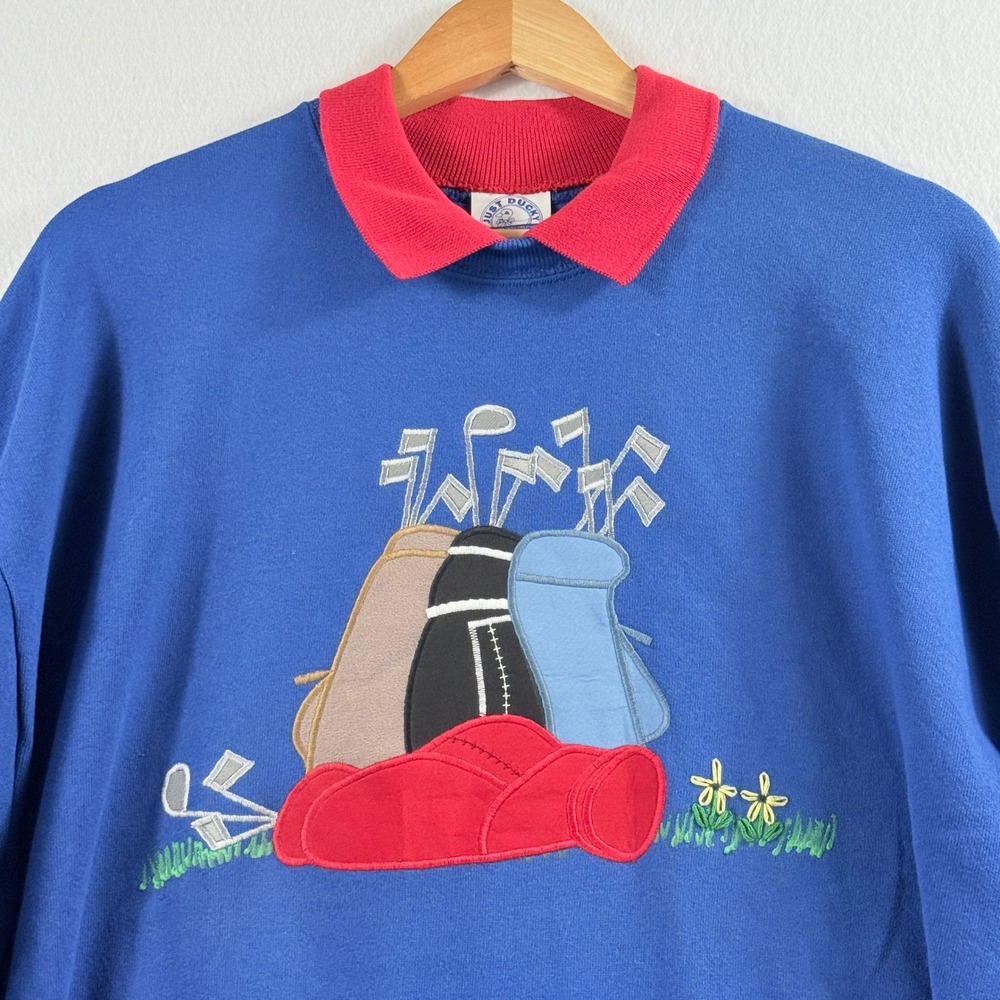 Just Ducky Golf Sweatshirt Women XL Blue Red Collar Vintage Grandma Retro 90s - Picture 2 of 11